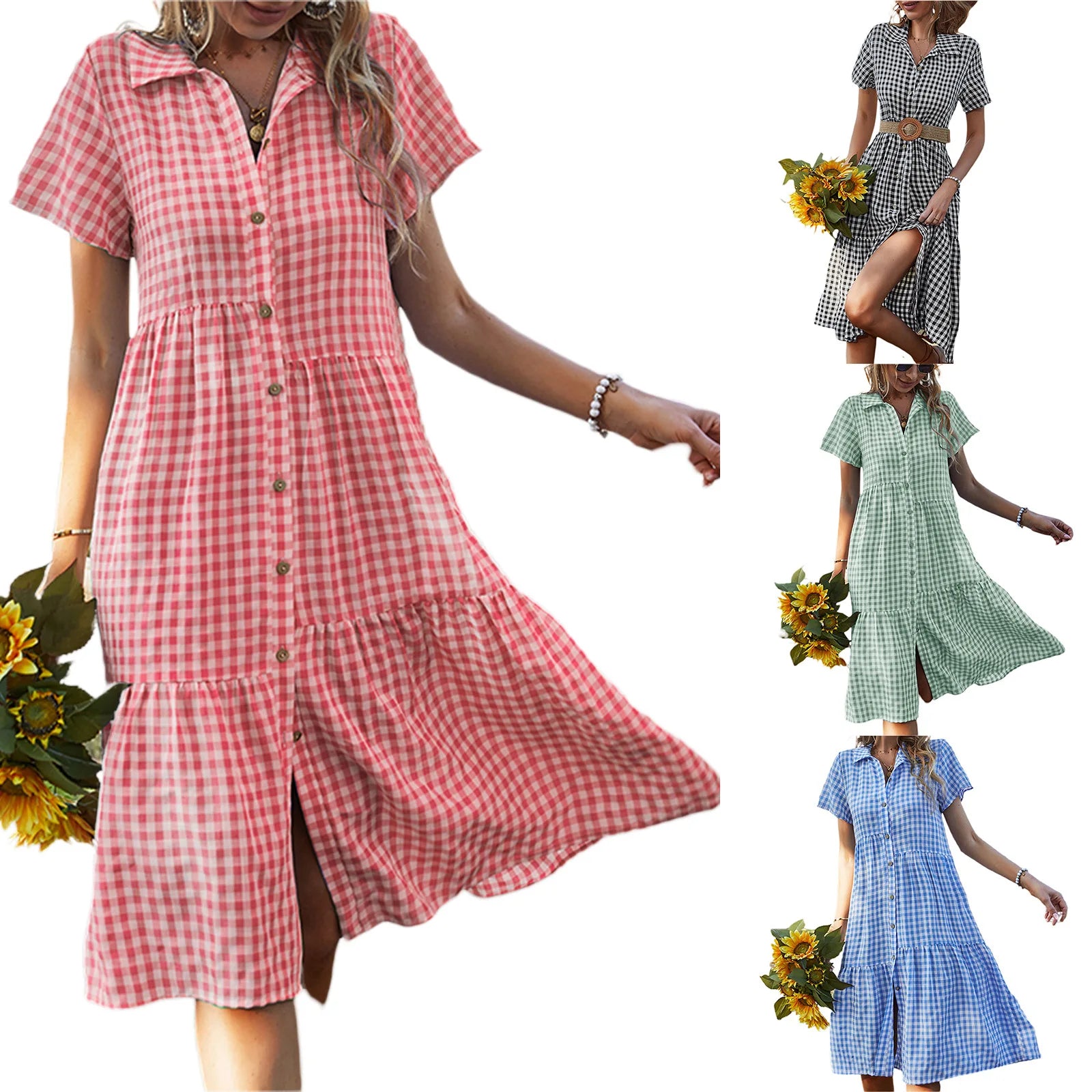 2026 Women's Checkered Short-Sleeve Shirtdress Single-breasted Button-down Short-sleeved Dress Casual Country-style Long Dress