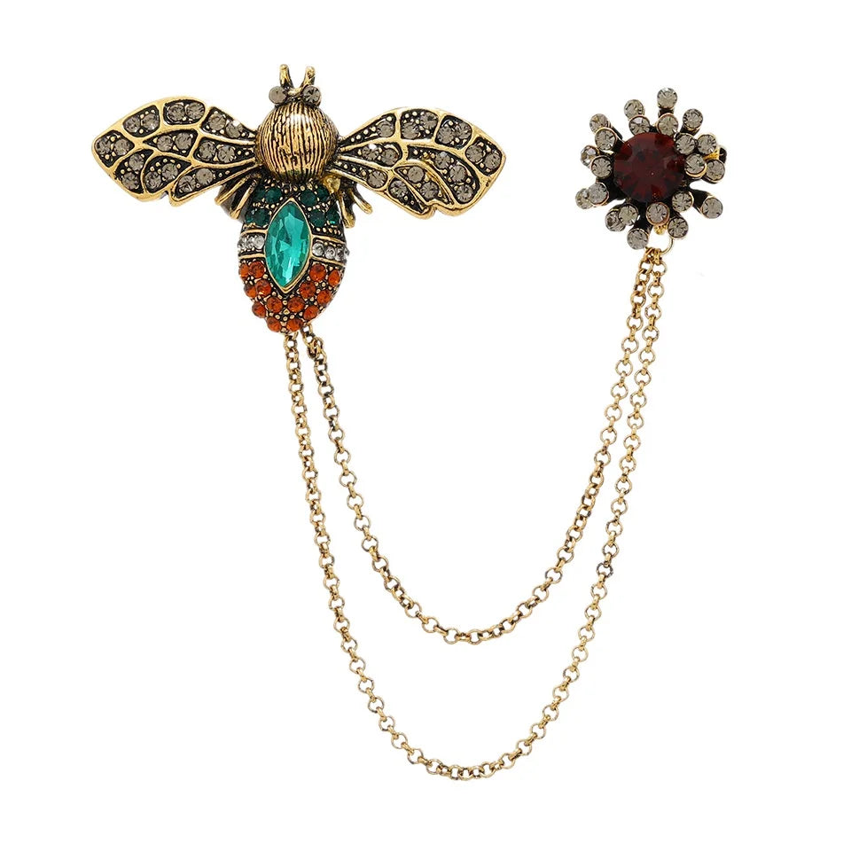 Vintage Fashion Black Crystal Sparkling Rhinestone Brooch Creative Lapel Pin Medieval Design Long Chain Brooches Autumn Winter