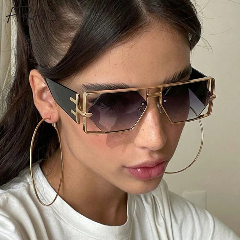 Steampunk Sunglasses Rectangle Hexagon Frame Hollow Alloy — Gold | KIMLUD
