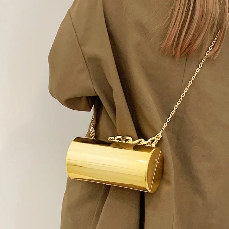 Metallic Cylinder Mini Box Clutch Purse — Gold | KIMLUD