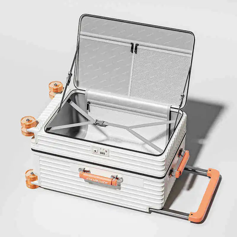 Side opening luggage compartment with expandable 28 inch wide luggage compartment, 20 inch boarding case, 24 inch luggage