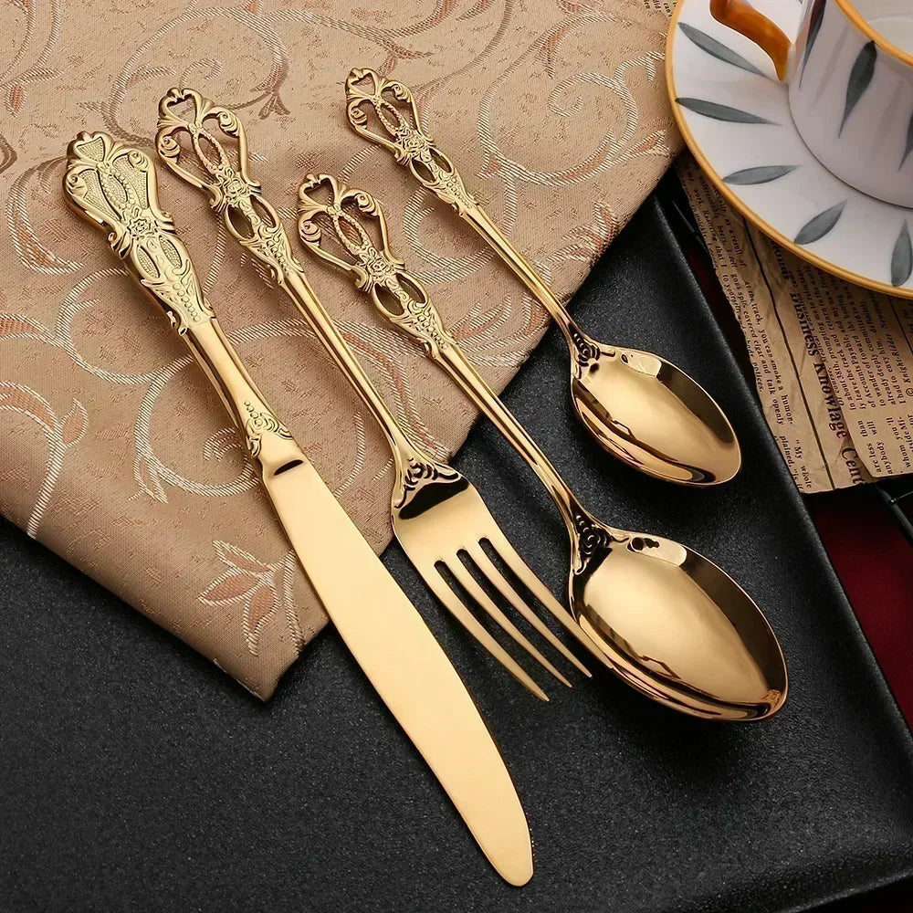 Gold-Plated Stainless Steel Cutlery Set Royal European Spoon Fork Collection — Golden | KIMLUD