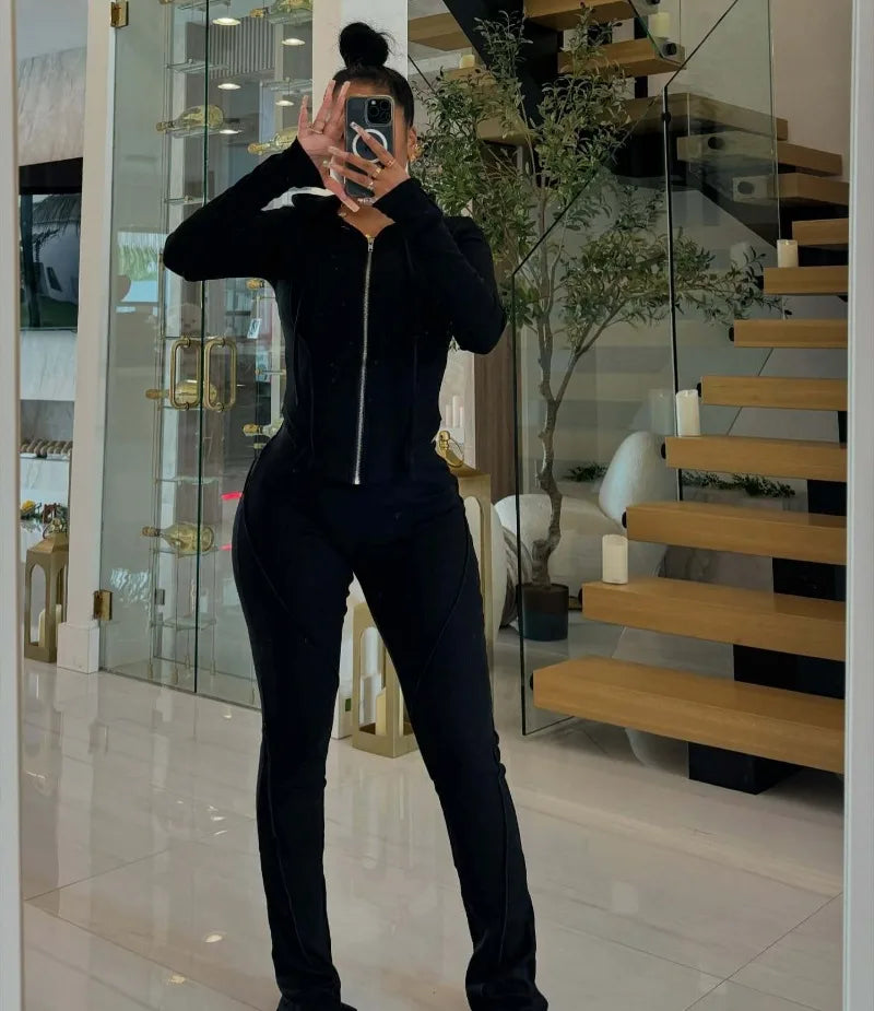 Two-Piece Zip Hooded Tracksuit Set - Slim Fit - Flare Pants | KIMLUD