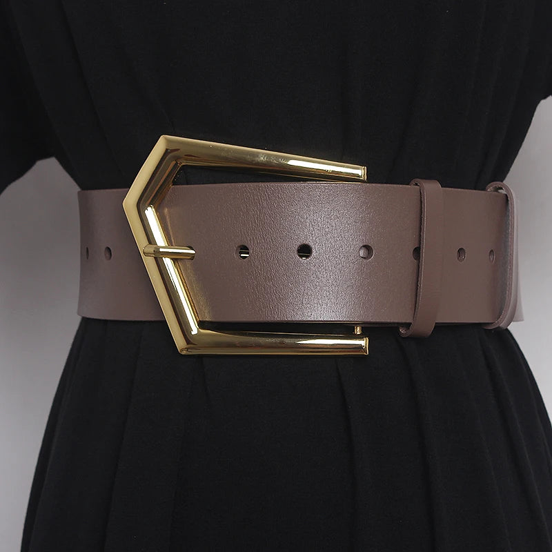 Women's Runway Fashion Gold Buckle Genuine Leather Cummerbunds Female Dress Corsets Waistband Belts Decoration Wide Belt R1108