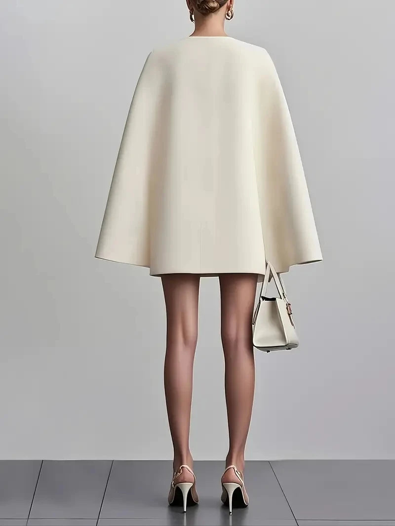 Women's Double Breasted Shawl Cape Suit Dress - Solid Color V-Neck Mini Dress with Open Back Sleeves