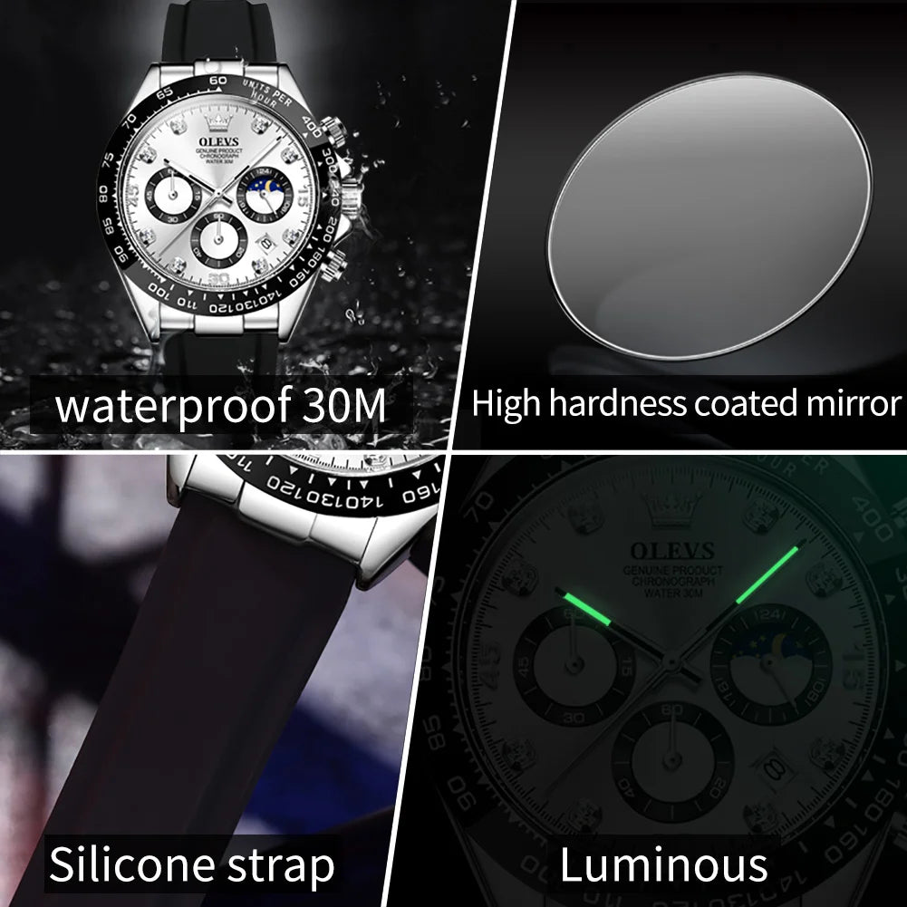 OLEVS Luxury Brand Quartz Watch for Men Waterproof Luminous Moon Phase Hour Men's Watch Chronograph Sport Wristwatch Moonswatch
