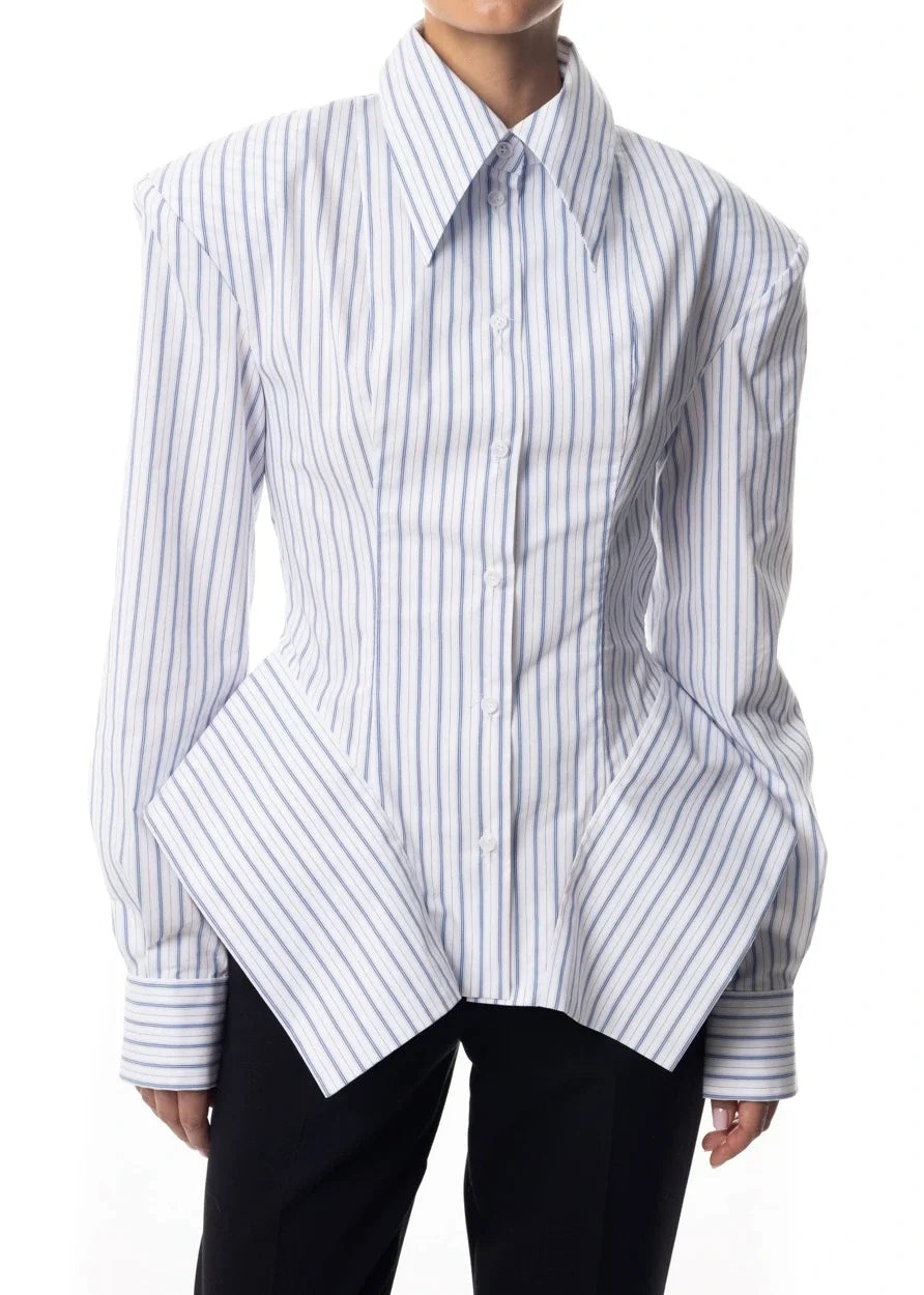 Fitted Striped Shirt Asymmetric Hem — Pink | KIMLUD