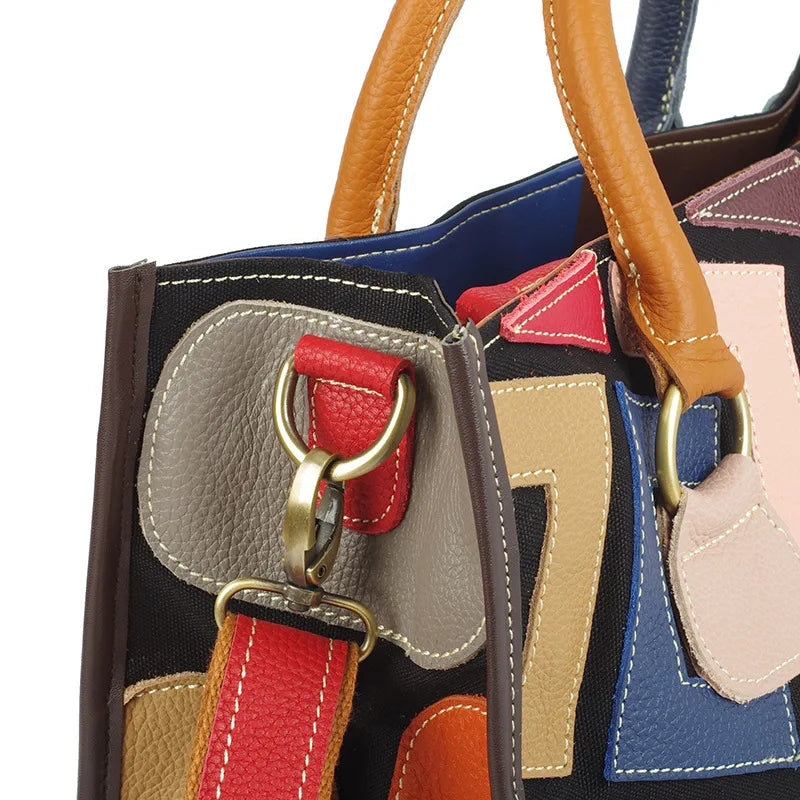 Genuine Leather Color-Contrasting Tote Bag — Black | KIMLUD