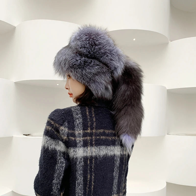 Fox Fur Ushanka Hat Fluffy Tail Cap — Natural | KIMLUD