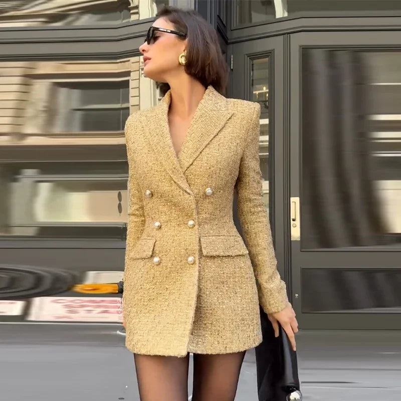 Elegant V-neck Sequin Blazer Women Double Breasted Full Sleeves Solid Slim Jackets Lady 2025 Autumn Formal Female Outwears New