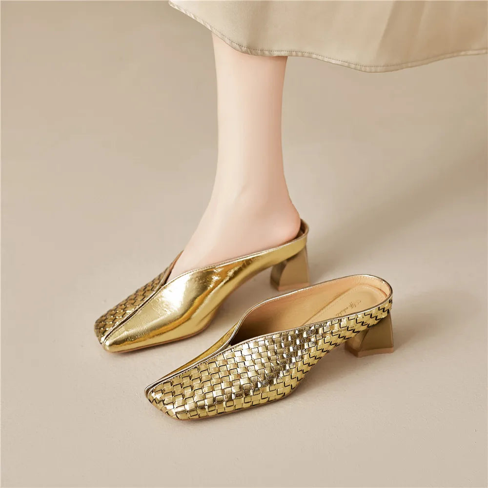 Metallic Cow Leather Slip-On Heels — Gold | KIMLUD