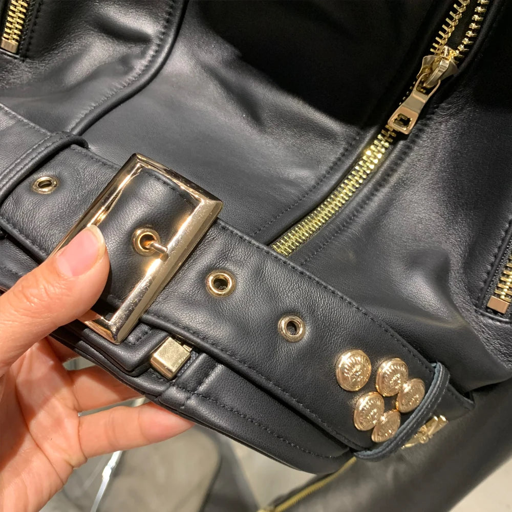 Genuine Sheepskin Leather Jacket Rivet — Black | KIMLUD