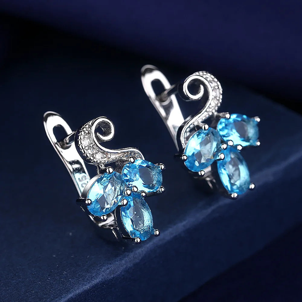 Silver-Toned Copper Oval Zircon Halo Stud Earrings — Sapphire Blue | KIMLUD
