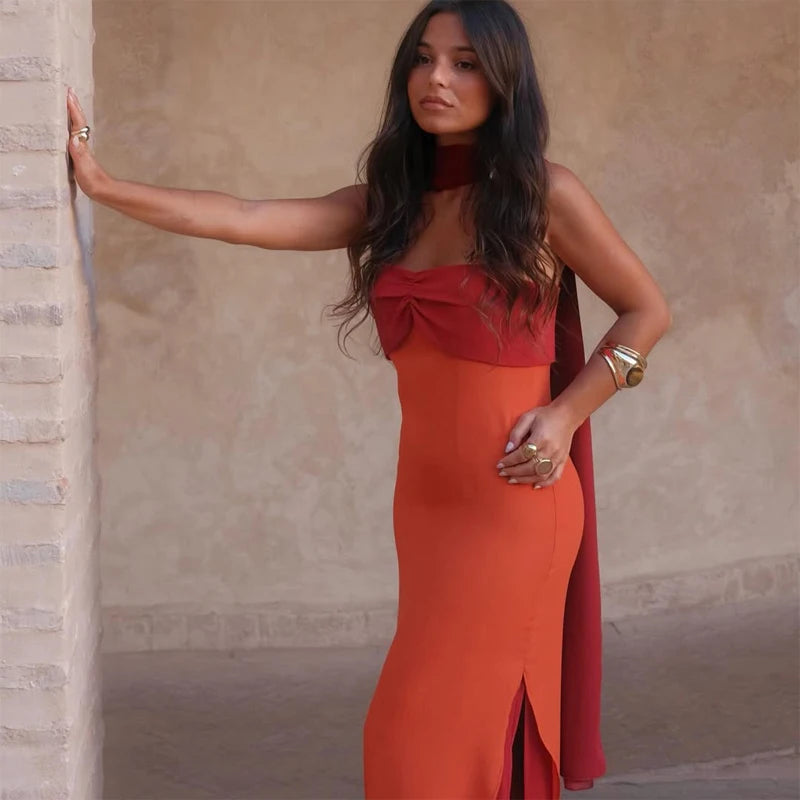 Color Blocking Sling Dress Scarf Collar — Orange Burgundy | KIMLUD