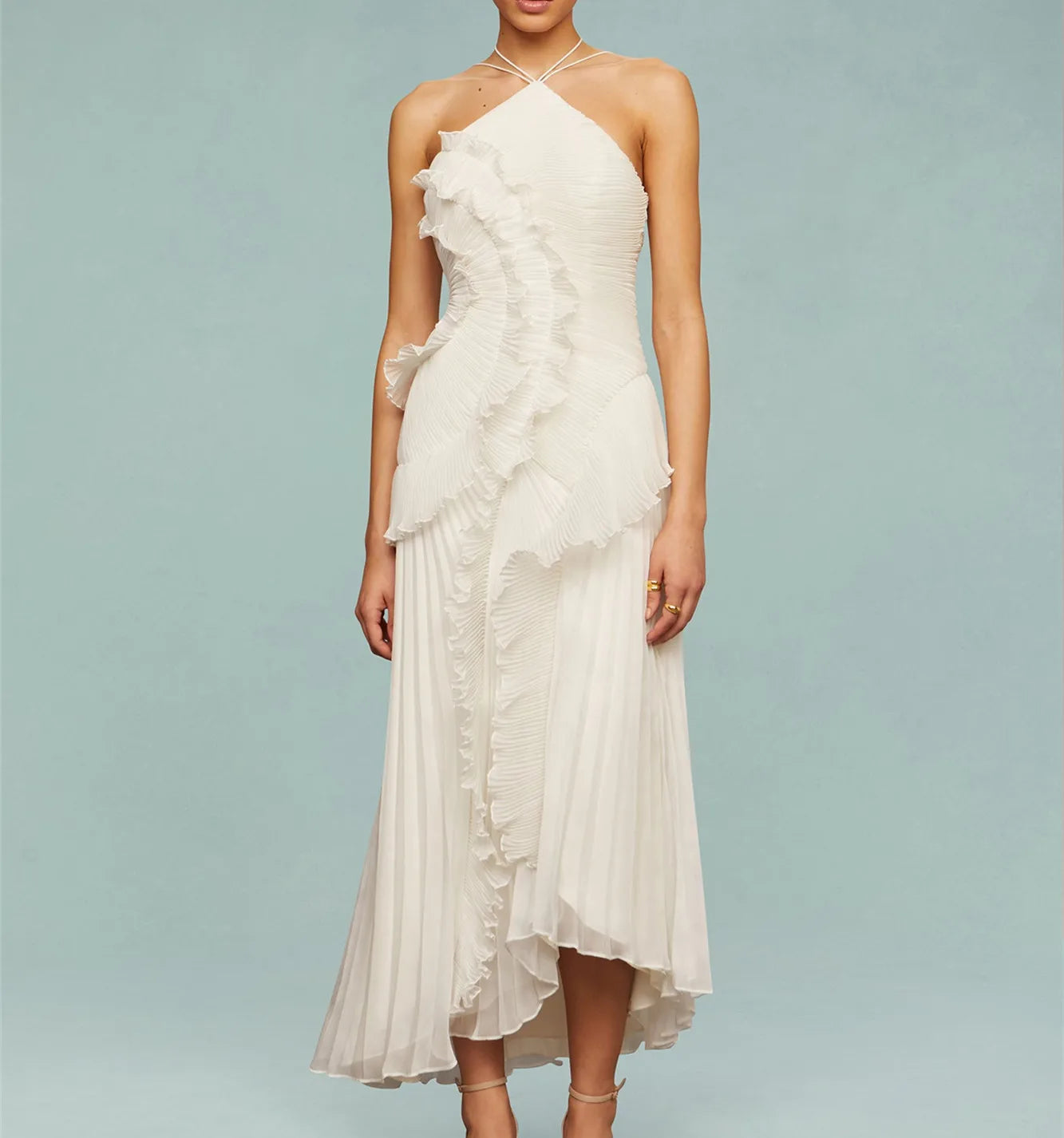 Ruffle Pleated Halter Maxi Dress With Irregular Tiered Pleats — Lavender | KIMLUD
