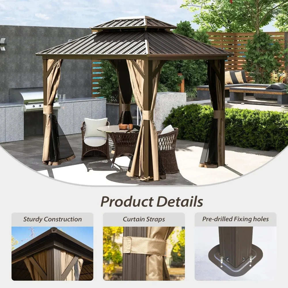 Galvanized Steel Outdoor Double Roof Gazebo — Brown | KIMLUD