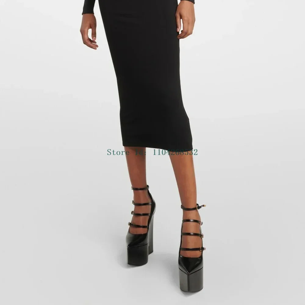 Platform Strange Style Multi Strap Pumps Sexy Pointed Toe Solid Patent Leather New Arrivlas Fashion Women Modern Shoes