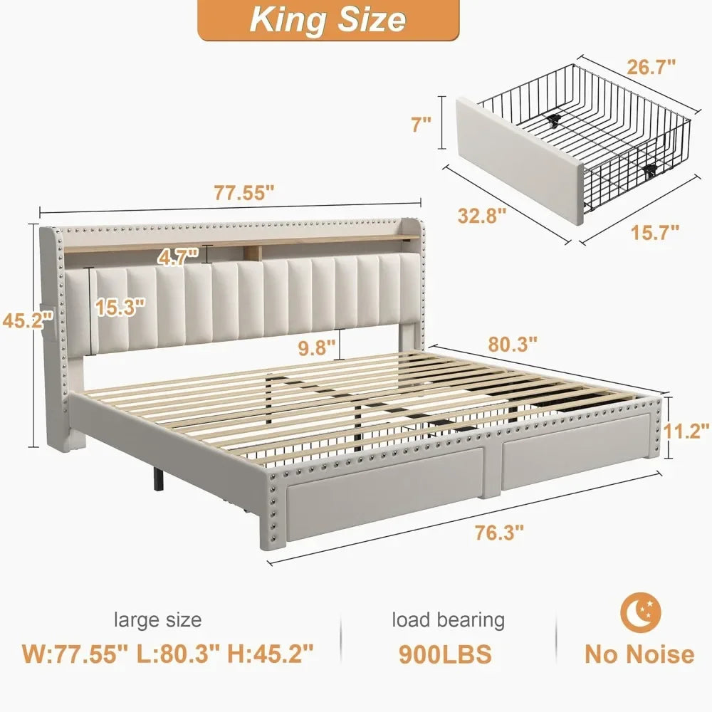 KIMLUD, King Size Bed Frame with Storage and Headboard, Upholstered Kings Beds Frames with Storage, King Bed Frame with 2 Drawers, KIMLUD Womens Clothes