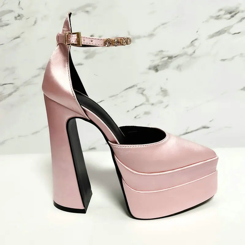 2025 New Fashion Catwalk Show Women's Single Shoes Fashion Pumps Summer Water Platform Thick Heel Pointed Toe Satin High Heels