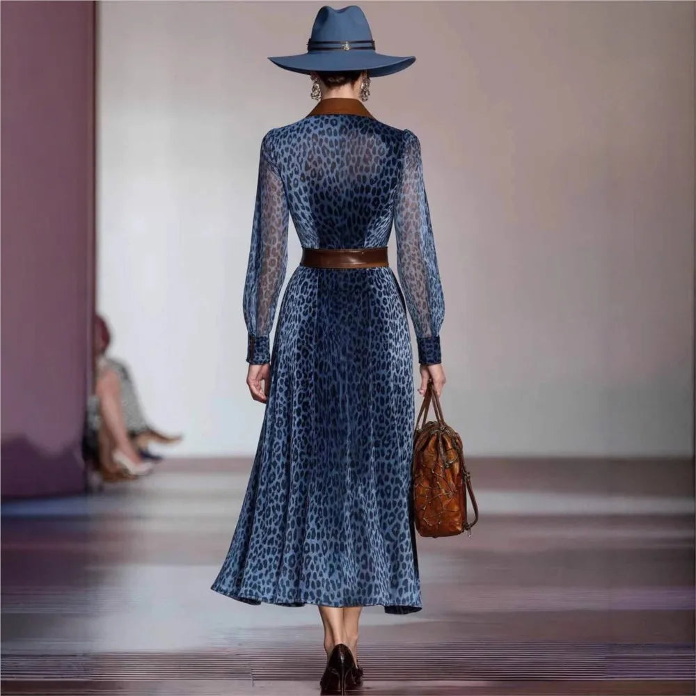 Sleek Polyester Leopard Print Dress — Blue | KIMLUD