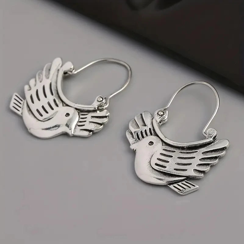 Ethnic Style Earrings for Women Bird Animal Silver Color Grave Metal Inlaid Dangle Earrings Jewelry Trendy Female Gift