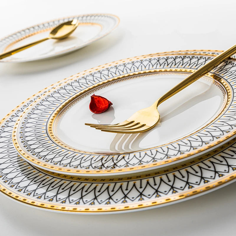 Nordic Bone China Dinner Plates Set Rimmed In Gold — White | KIMLUD