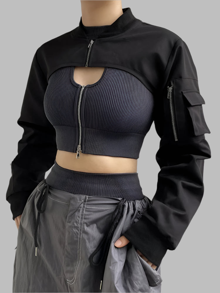 Showmirror Super-short Black Jacket Zipper Long Sleeve Harajuku Cropped Tshirt Gothic Techwear Fashion Korean Tee Punk Street