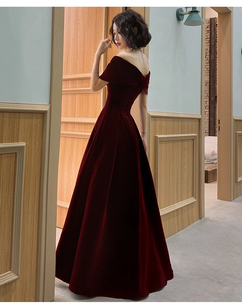 Velvet Maxi Dress – Off Shoulder – Maxi – Wine Red | KIMLUD