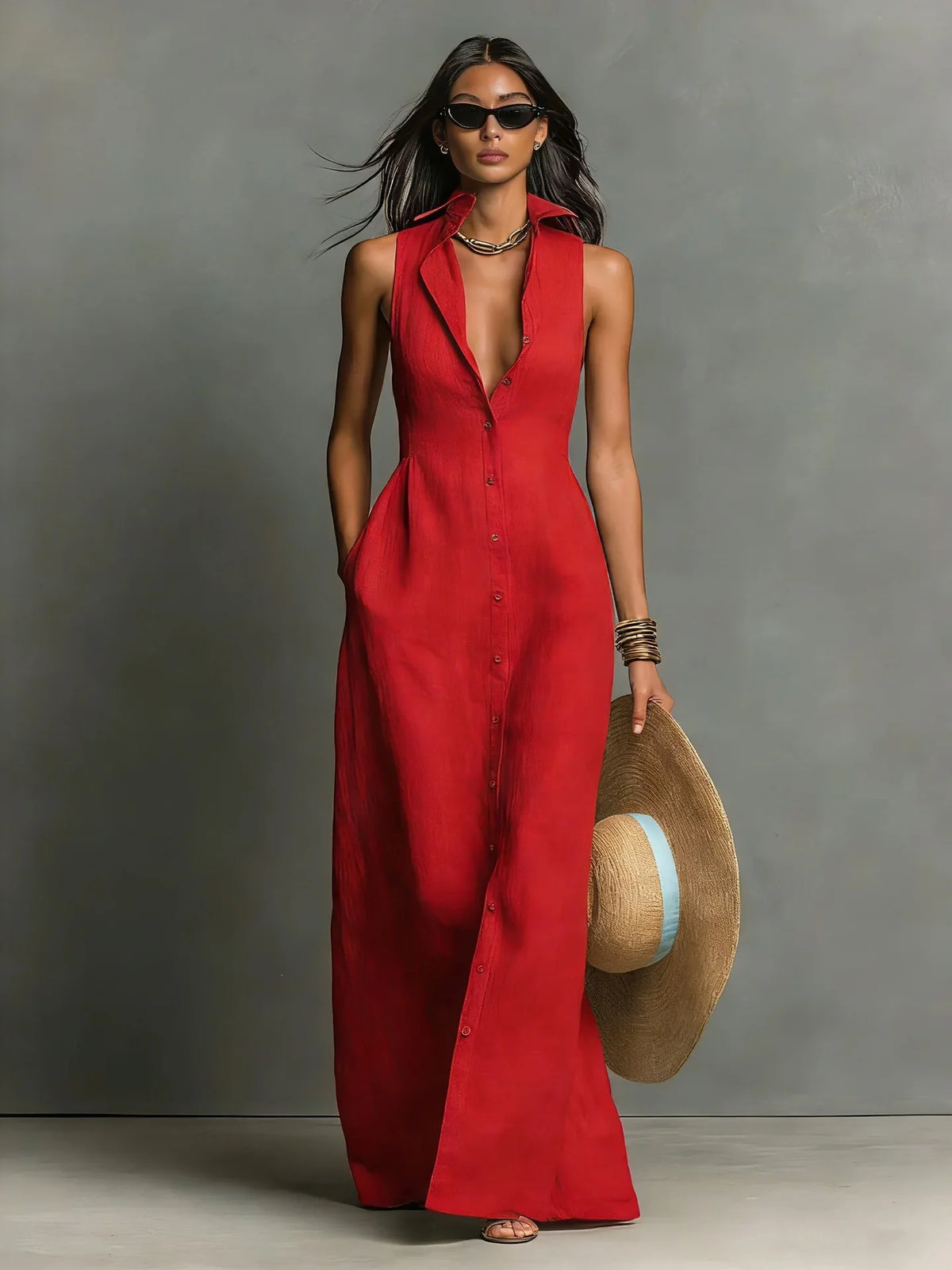 Maxi Dress – Sleeveless Deep V Neck Button Down – Polyester | KIMLUD
