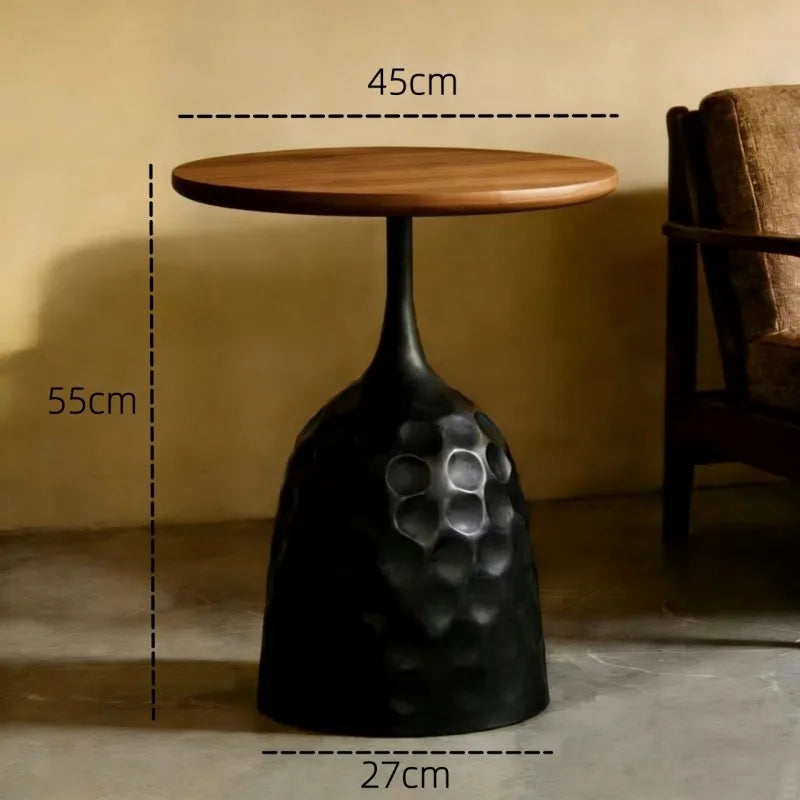 Minimalist Round Solid Wood Coffee Table With Sculptural Matte-Black Base — Black | KIMLUD