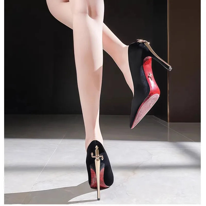 Patent PU Scepter High Heels Pointed Toe With Gold-Tone Stiletto — Black | KIMLUD