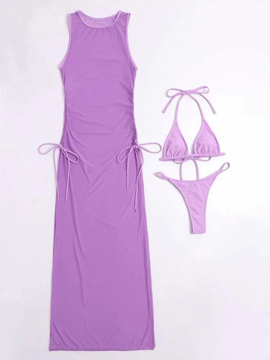 3 Pieces Thong Bikini 2023 Women With Dress String Swimwear Female Solid Swimsuit Beach Wear Bathing Swimming Suit Summer - KIMLUD