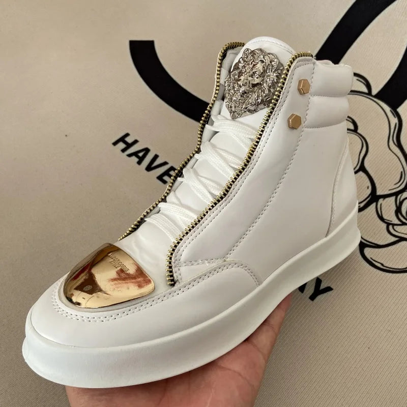 Artificial Leather High-Top Sneakers With Zip Decoration — Black | KIMLUD