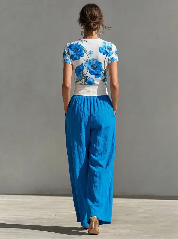 T-Shirt – Floral Print – Polyester – Blue | KIMLUD
