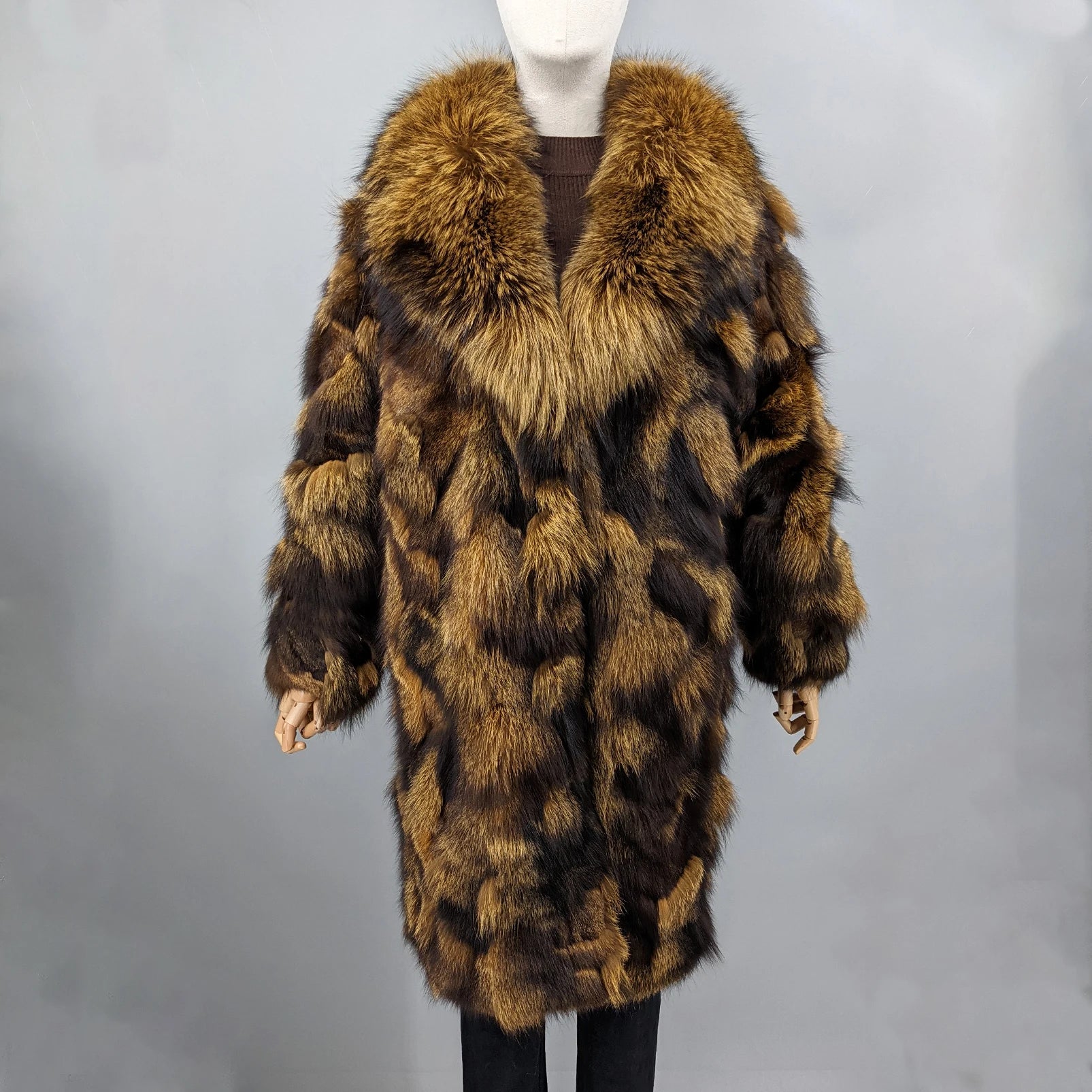 Long Coat – Color-Block – Fox Fur Patchwork – Green-Brown | KIMLUD