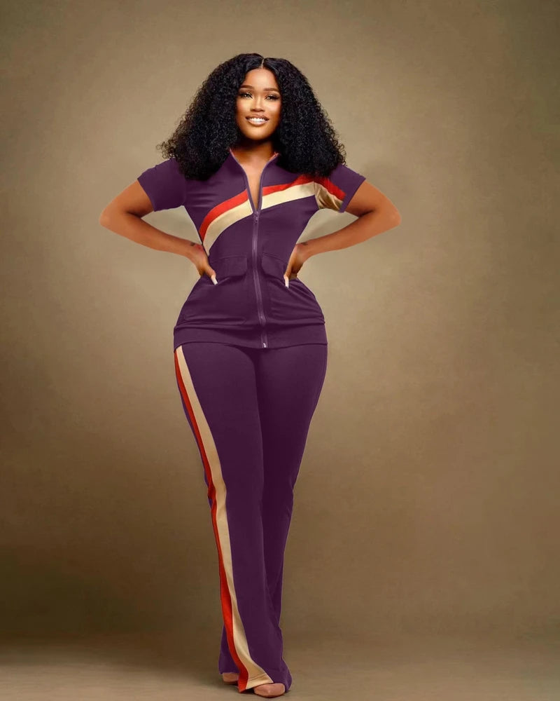 STYLISH LADY Patchwork Sporty 2 Piece Set Women Short Sleeve Zipper Jacket and Pant Suits 2025 Autumn Casual Fitness Tracksuits