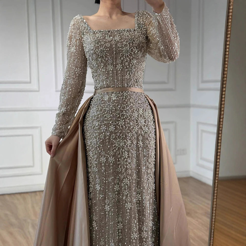 Mermaid Beaded Evening Gown With Overskirt And Built-In Bra In Luxe Beadwork — Caramel | KIMLUD