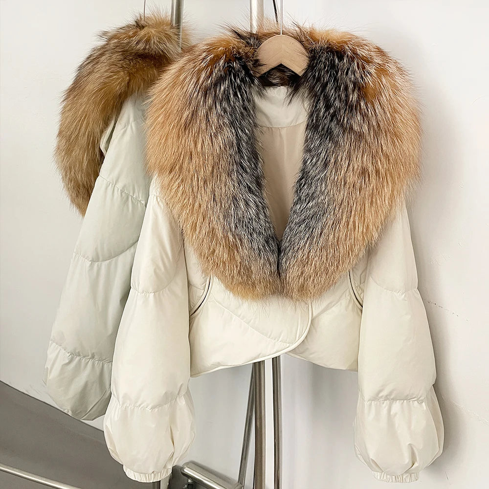 Down Coat – Real Fox Fur Trim – Duck Down – Natural | KIMLUD
