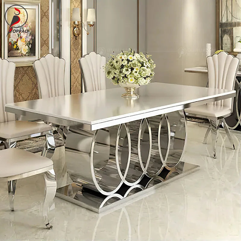 Sleek Stainless Marble Dining Table Set — Gold | KIMLUD