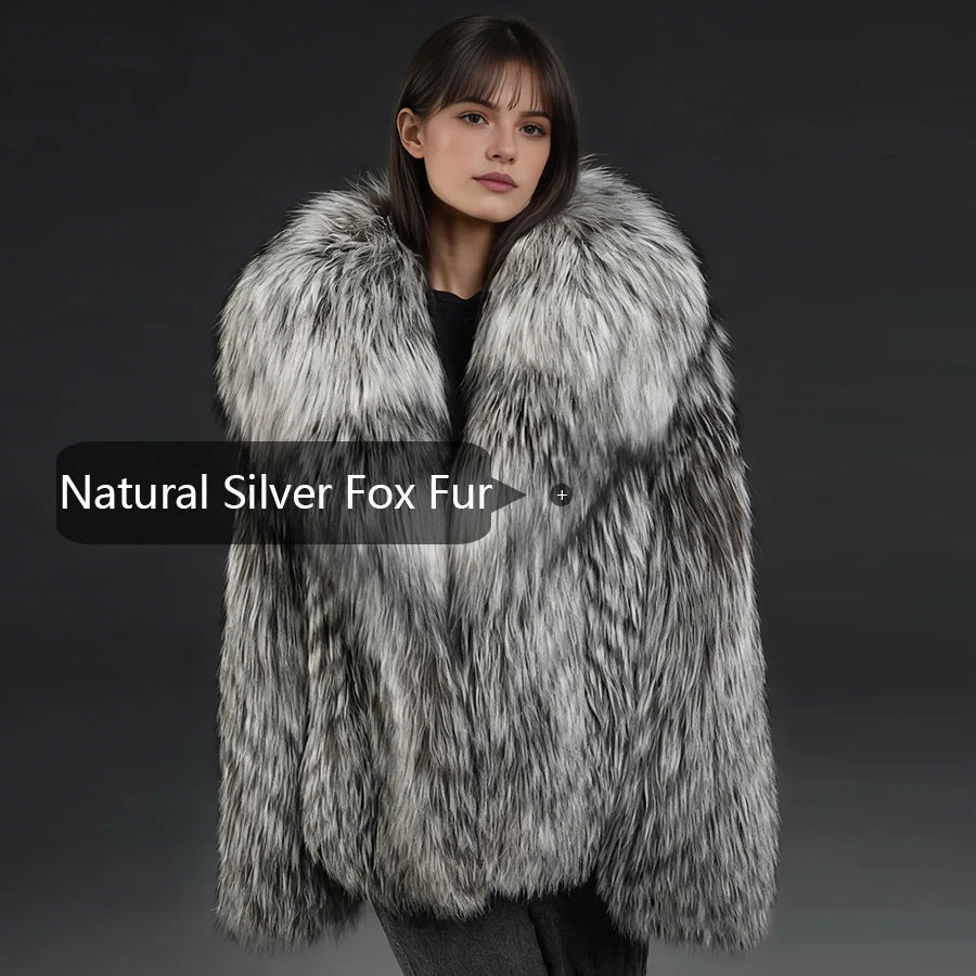 Fox Fur Jacket – Turn-Down Collar – Fox Fur – Silver | KIMLUD
