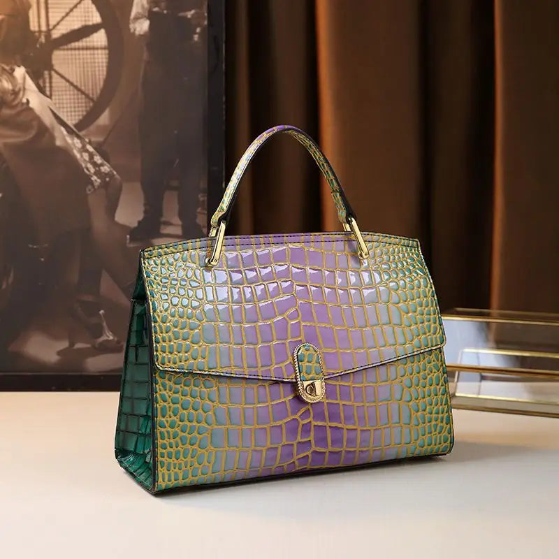 Genuine Leather Crocodile Print Handbag — Black | KIMLUD