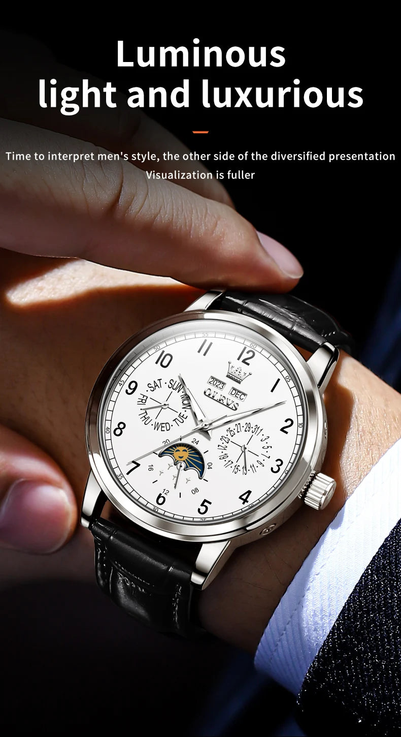 Leather Dress Watch Moon Phase Automatic — Black | KIMLUD