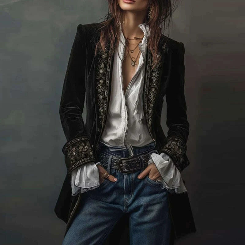 KIMLUD, Ethnic Retro Floral Print Velvet Woman Blazer Jacket Sexy Notched Collar Slim Autumn Outerwear Long Sleeve Winter Cardigans Coat, KIMLUD Womens Clothes