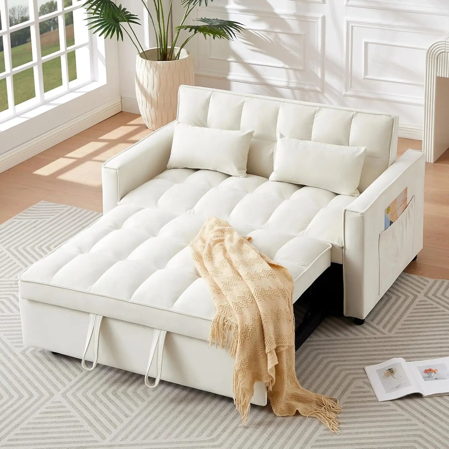 Velvet Sofa Bed 3-in-1 Convertible — Black | KIMLUD
