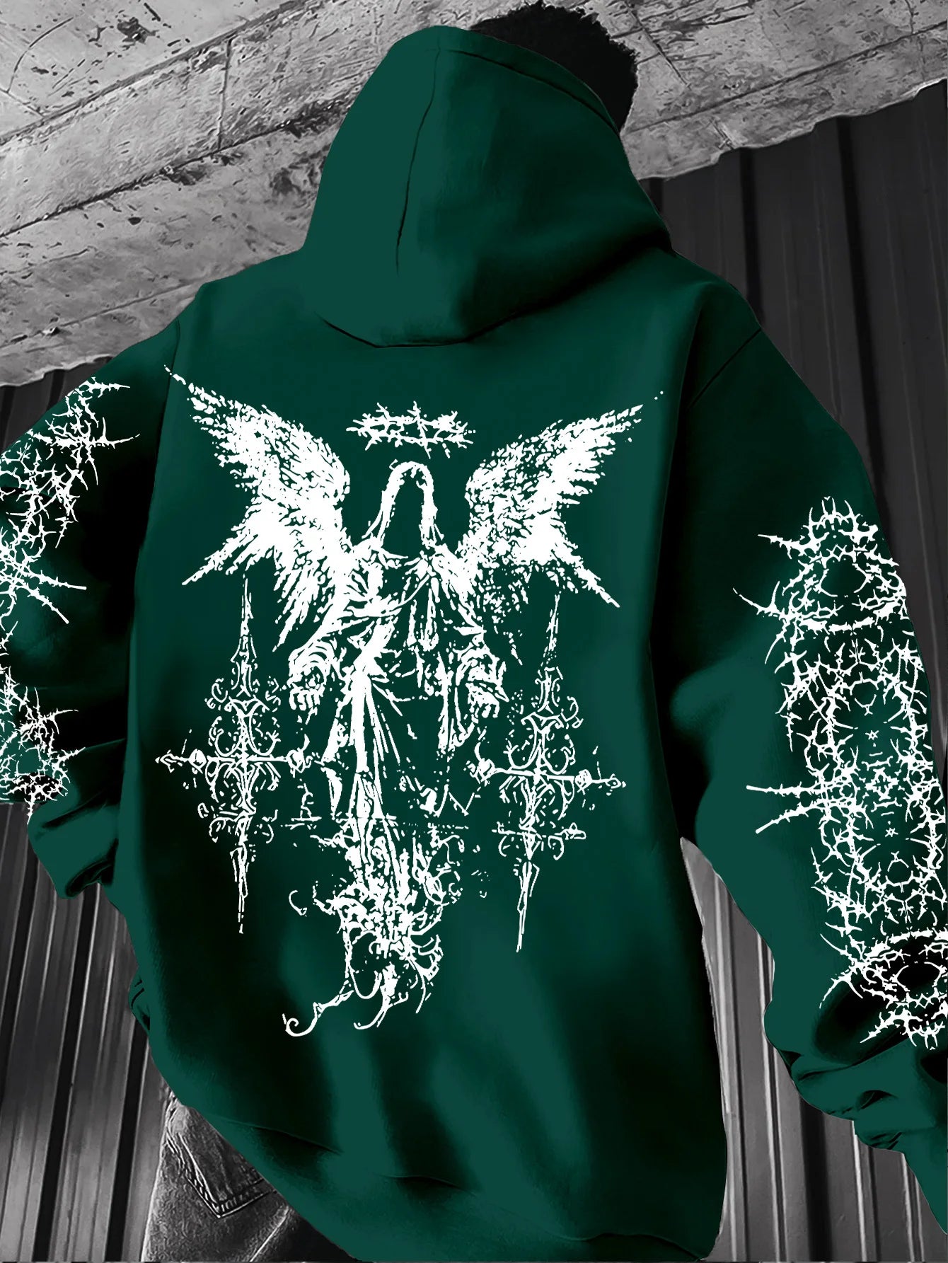 Hooded Sweatshirt – Angel Graffiti Thorn Print – Polyester – Regular Fit | KIMLUD