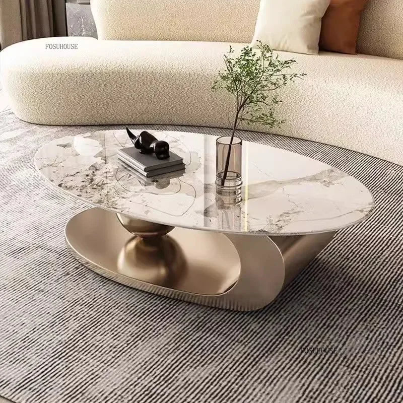Slate Metal Coffee Table Italian Oval Form With Marble-Like Top — Ivory | KIMLUD
