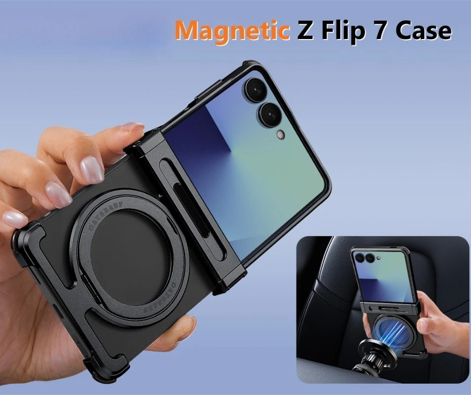 Oatsbasf Metal Frameless Phone Case for Samsung Galaxy Z Flip 7 with Kickstand 360°Rotation Magnetic Shockproof Protective Cover