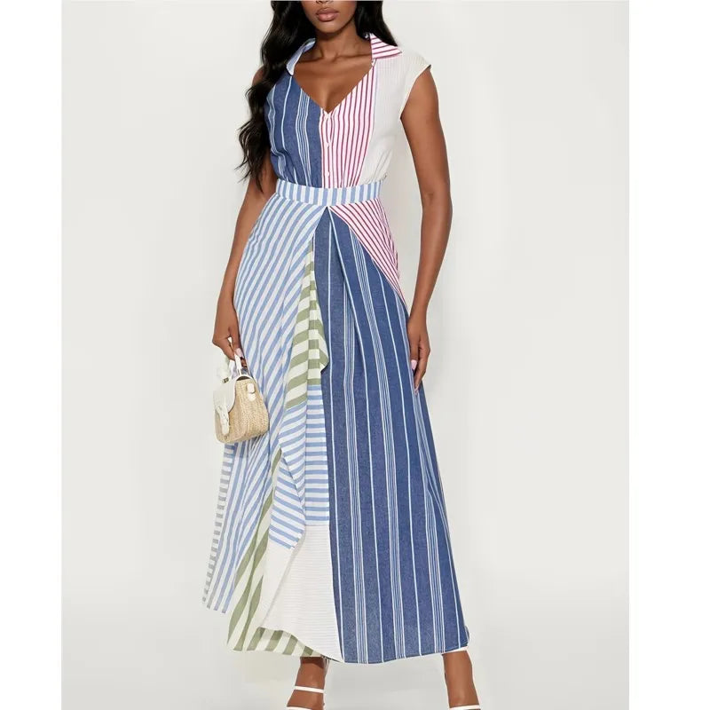 Personality Contrast Color Stitching Striped Dress Women's Summer Fashion Irregular Waist V-neck Sleeveless Commuting Dresses