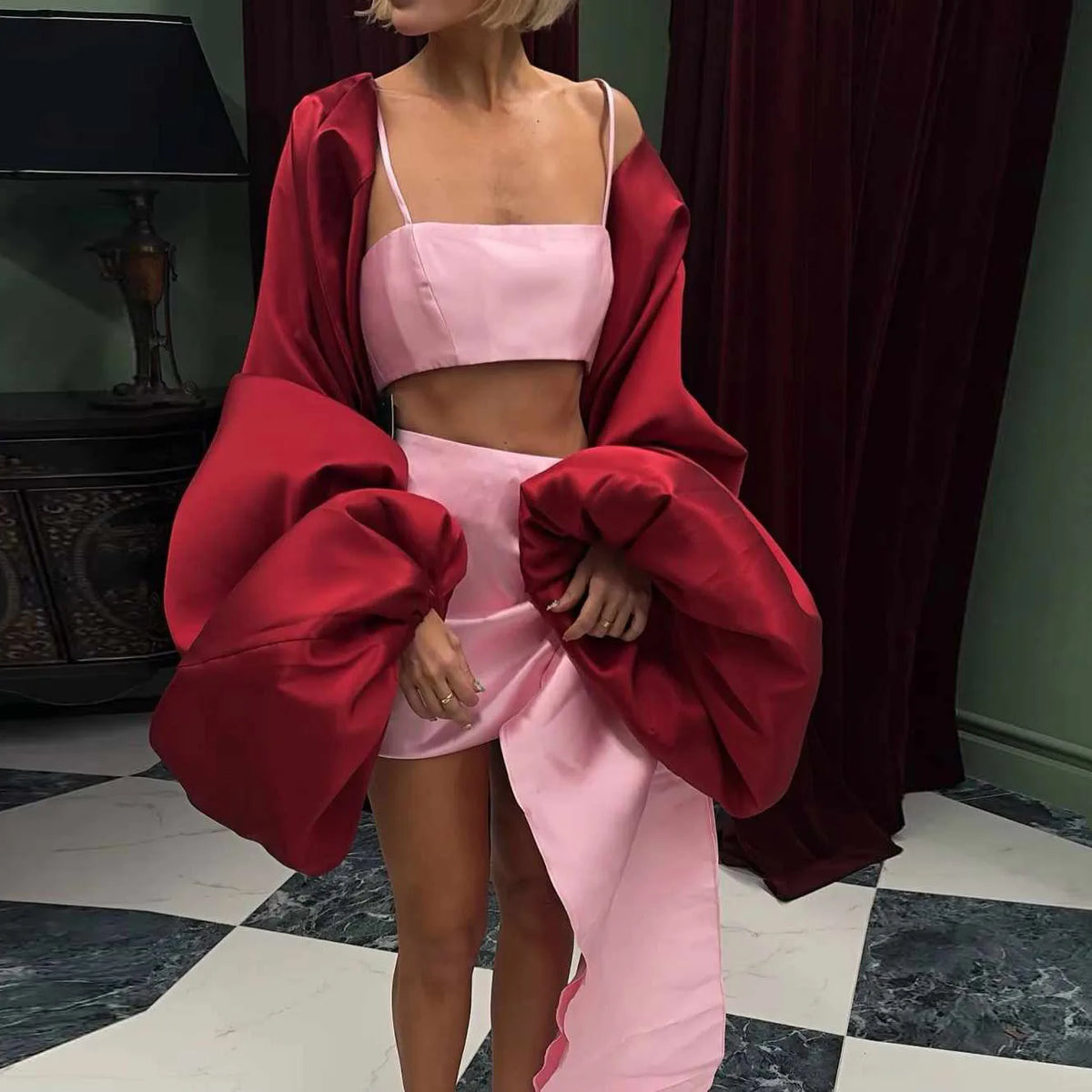 3 Pieces Short Prom Dresses Cape Spaghetti Satin Party Gowns Flare Sleeves Special Occasion Event Dress Asymmetrical