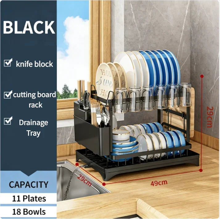 Dish Drying Rack – 2-Tier With Drip Tray – Carbon Steel | KIMLUD